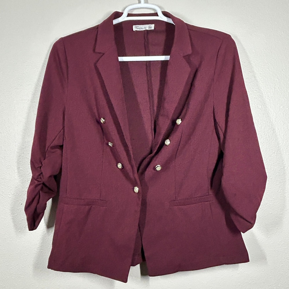 89th + Madison Womens Burgundy Ruched 3/4 Sleeve Gold Button Blazer Large